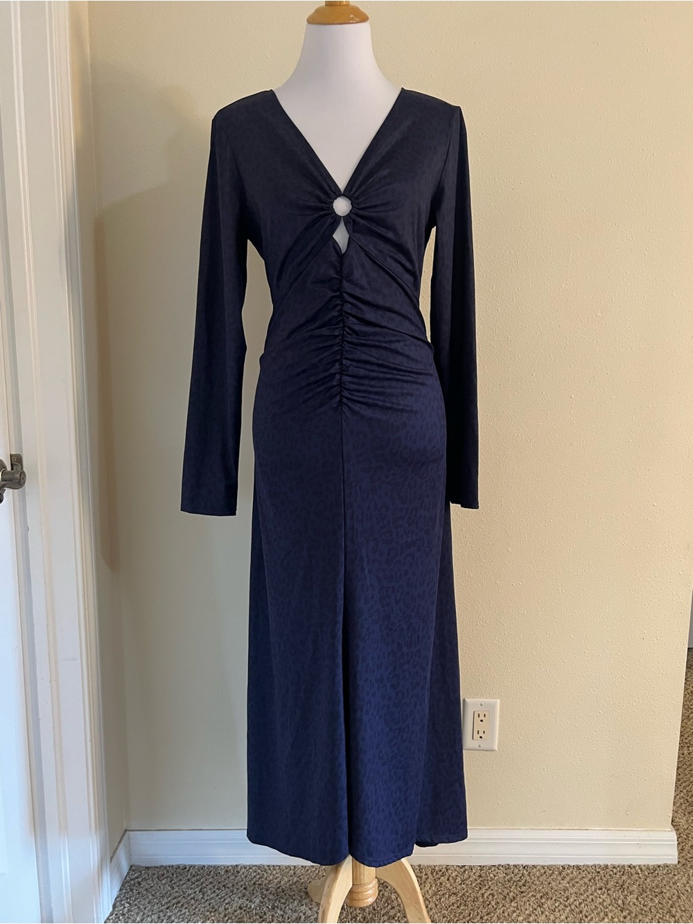 Halara Navy Leopard Jacquard Midi Dress XL Ruched Cutout Long Sleeve Stretch